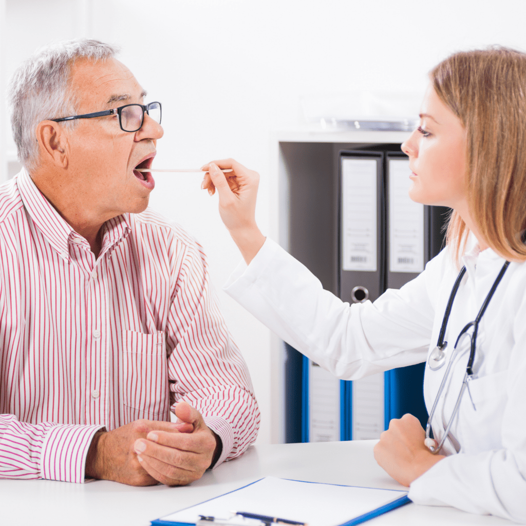 woman checking man's throat